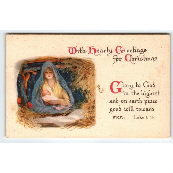 Vintage 1924 Christmas Postcard Nativity Scene With Hearty Greetings - Picture 1 of 2
